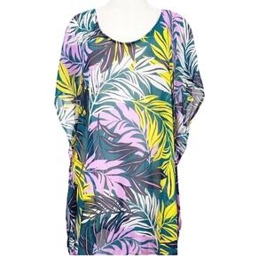 Palisades Beach Club Tropical Palm Print Chiffon Swim Cover Up Strappy Back M/L